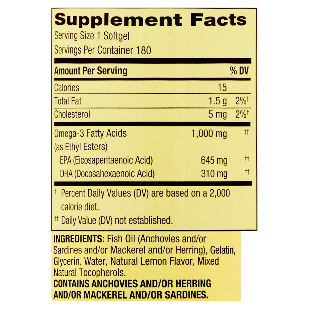 Omega-3 Fish Oil Soft Gels 1000 mg 180 Count Dietary Supplement Q727