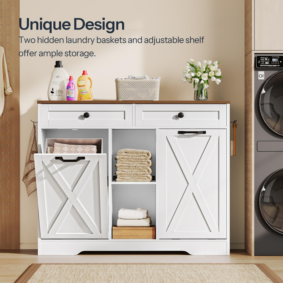 White and Walnut 23 Gallon Laundry Hamper Cabinet with 2 Drawers T352742