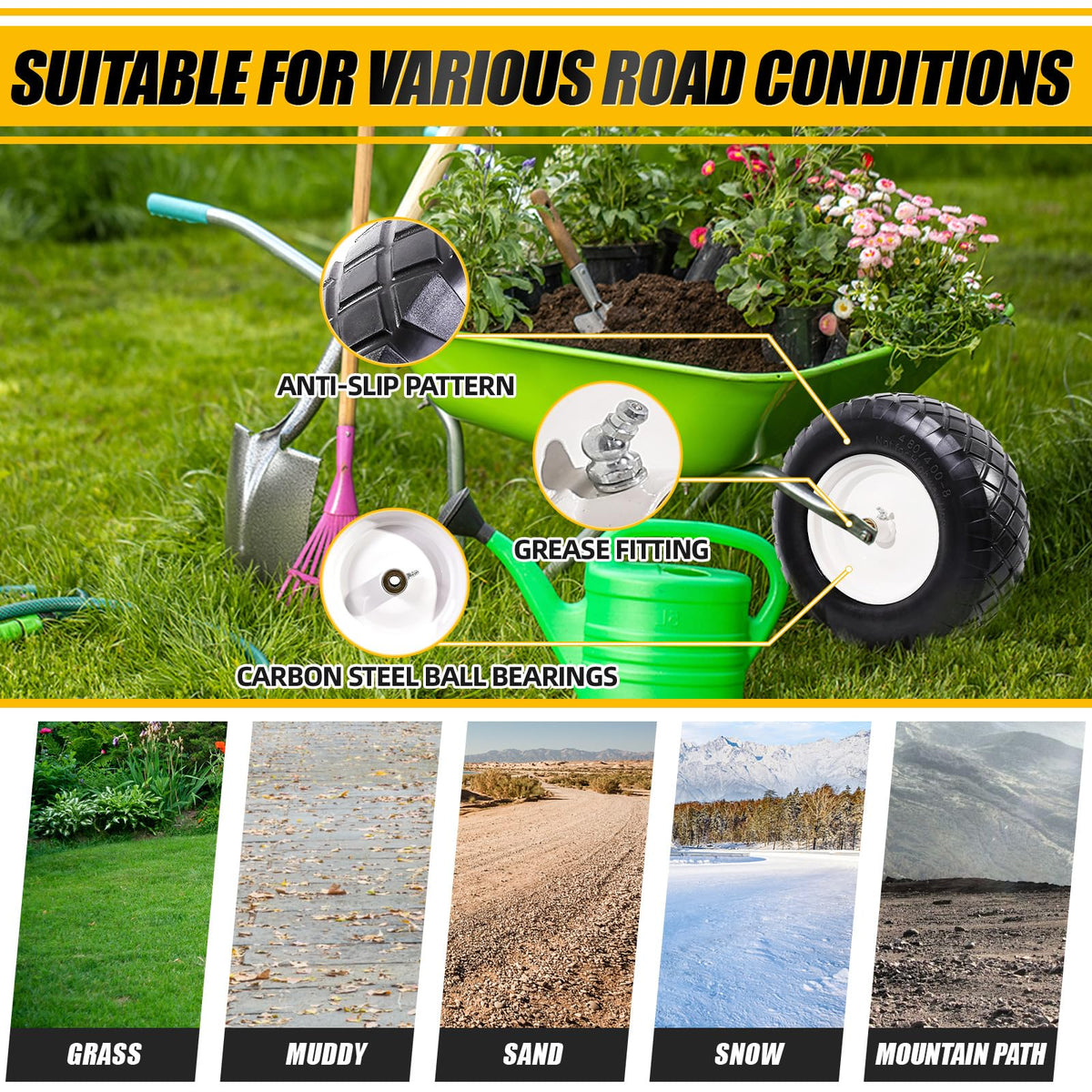 4.80/4.00-8" Flat Free Wheelbarrow Tire and Wheel O174964