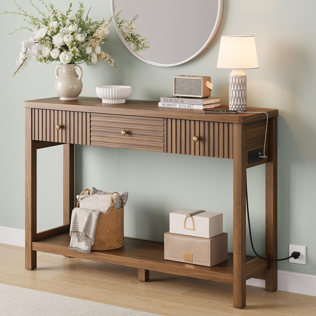 47'' Fluted Console Table with Charging Station & 3 Drawers C3038