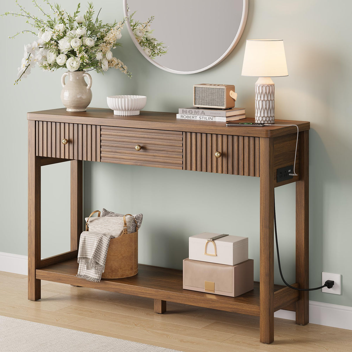 47'' Fluted Console Table with Charging Station & 3 Drawers C3038