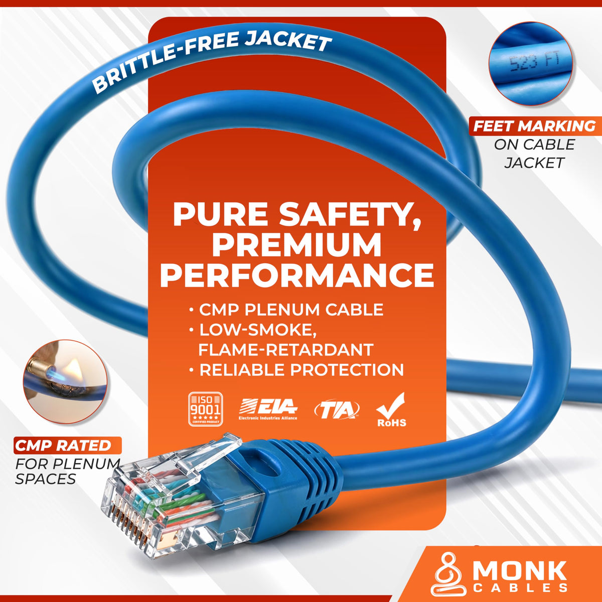 CAT 6 Ethernet Cable 1000ft Pure Bare Solid Copper 23AWG UTP CMP Plenum Blue S375090