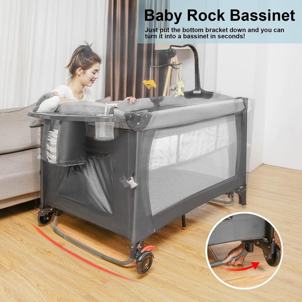 5-in-1 Pack and Play Baby Bassinet Bedside Sleeper Grey A909