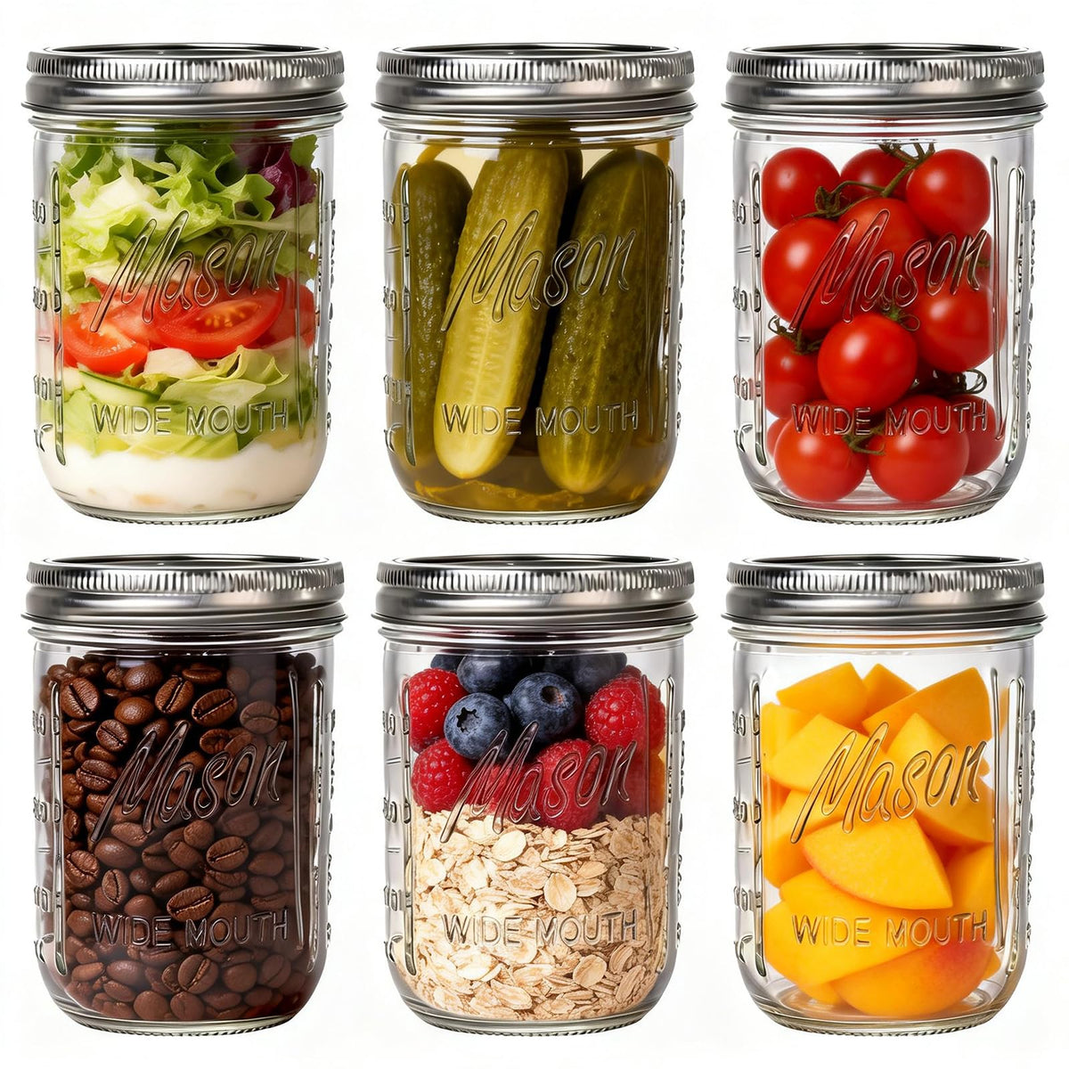 6-Pack 16 oz Wide Mouth Glass Mason Jars with Lids U410