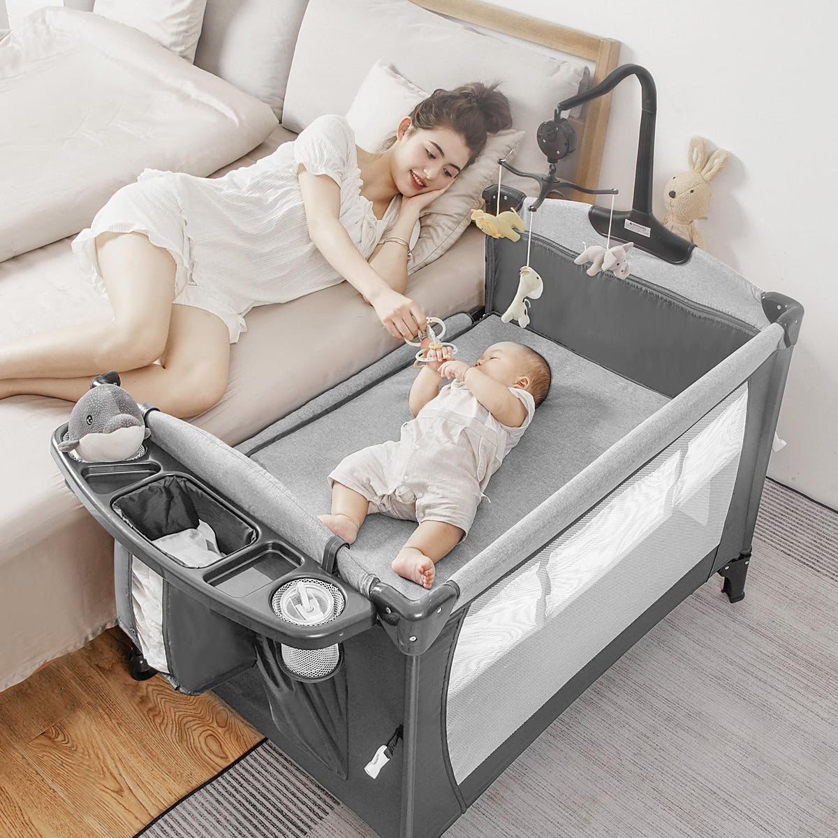 5-in-1 Pack and Play Baby Bassinet Bedside Sleeper Grey A909