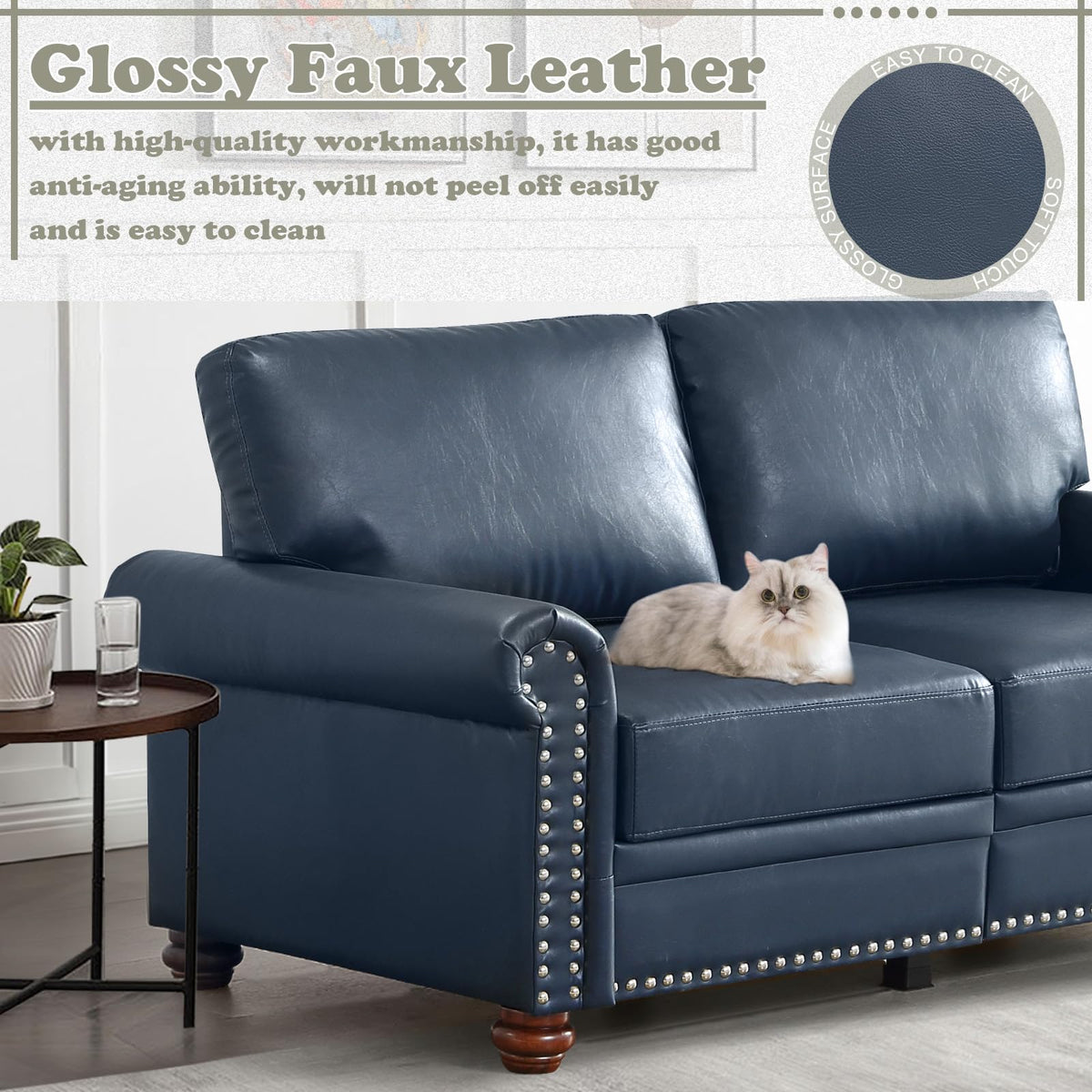 Navy Blue PU Leather Storage Loveseat Sofa C68472