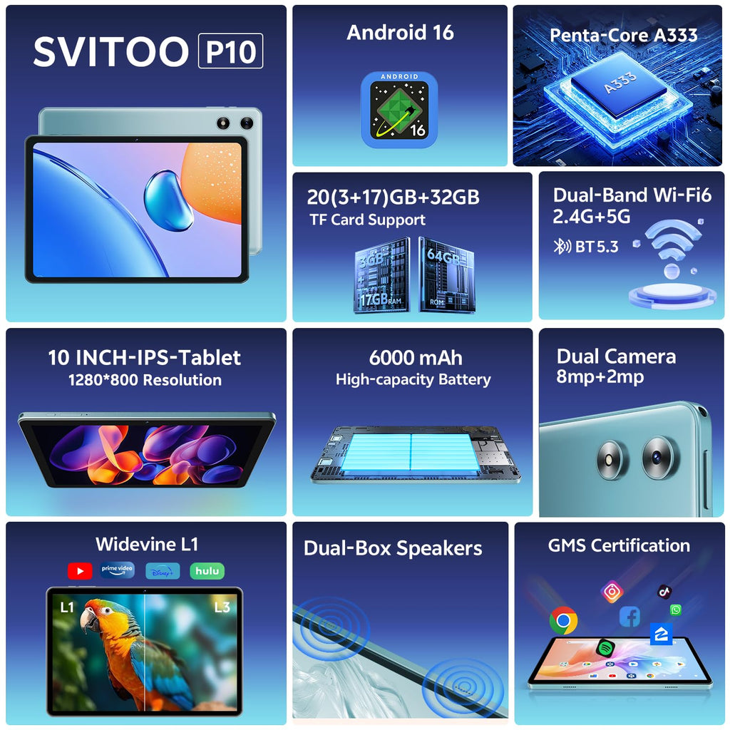 Android Tablet 10 Inch 20GB RAM 32GB Storage Blue T146