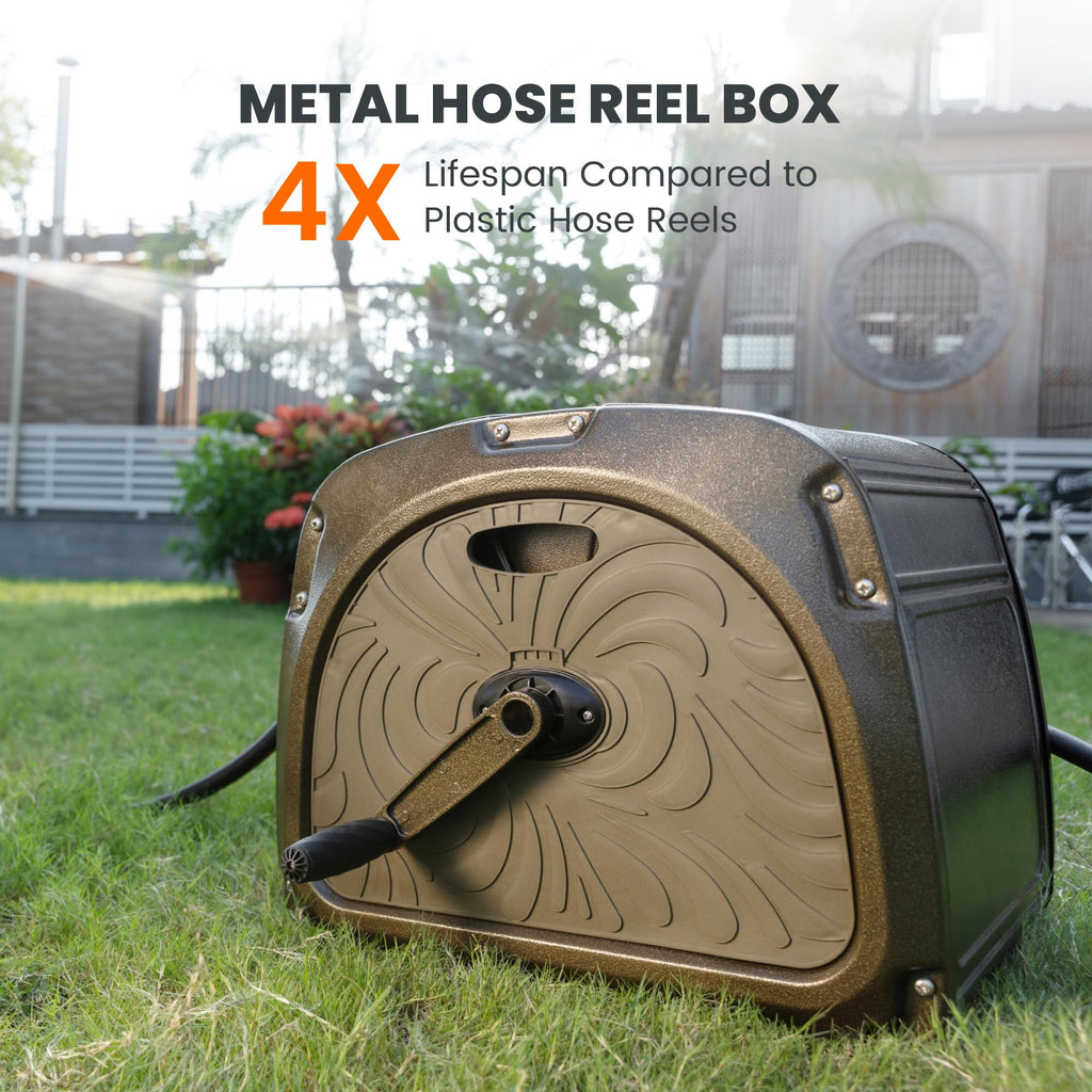 Metal Hose Reel Box, Heavy Duty Garden Hose Storage Reel, 150ft 5/8" Hose Capacity, Green E37204