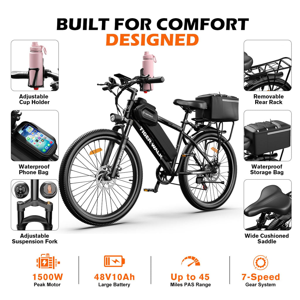 26" All-Terrain Electric Bike, 48V 10Ah Removable Battery, 7-Speed C6291