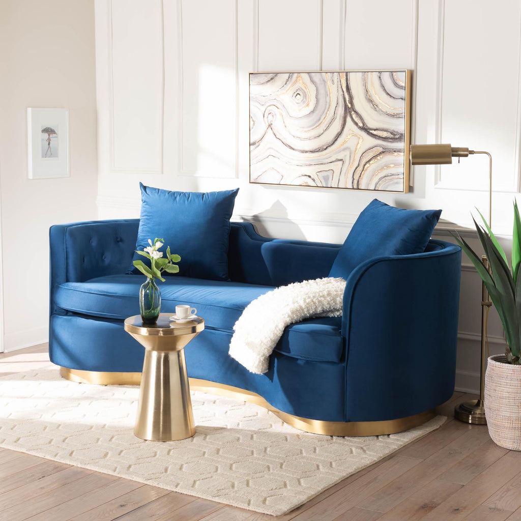 Navy Blue Velvet and Brushed Gold Metal Sofa K46256