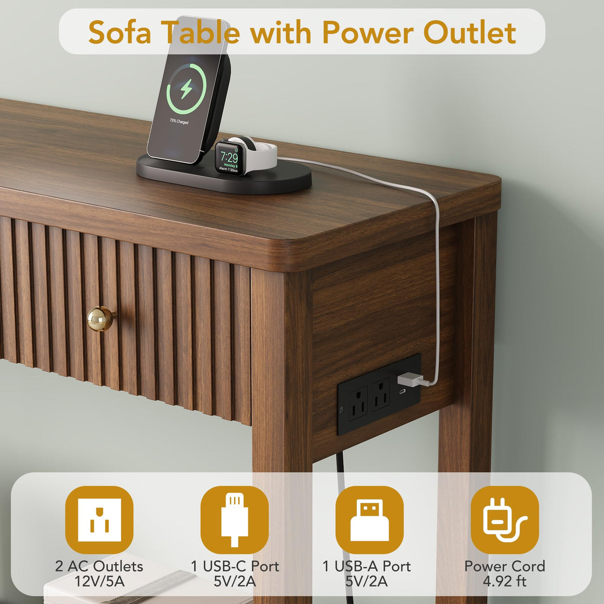 47'' Fluted Console Table with Charging Station & 3 Drawers C3038