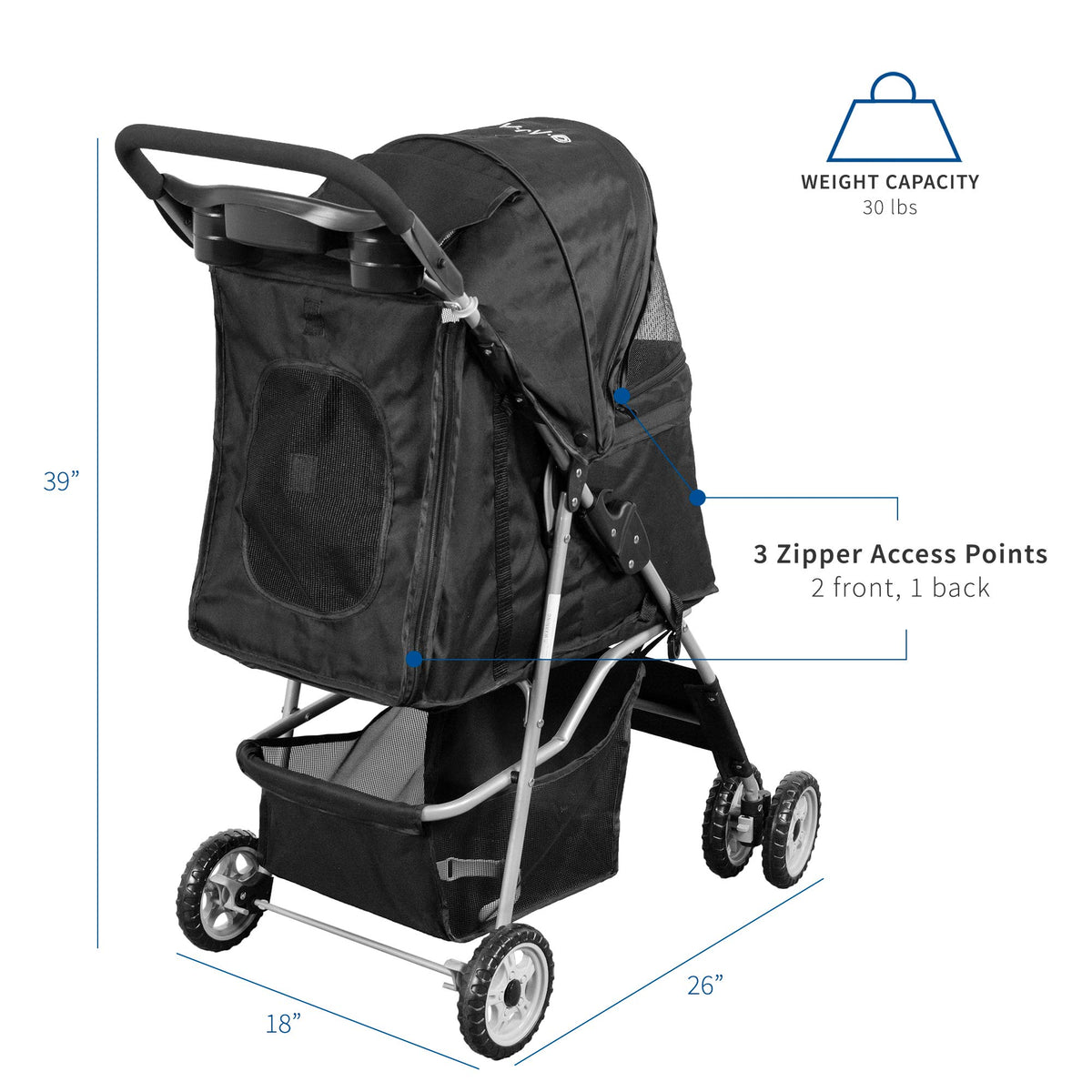 Black 4 Wheel Foldable Pet Stroller K2051