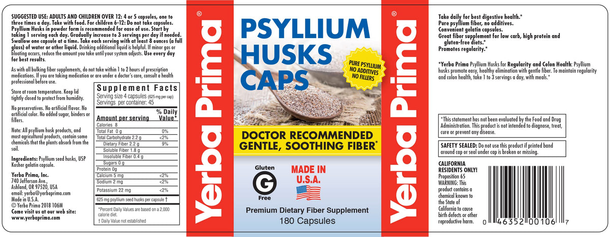 Psyllium Husks Caps Dietary Fiber 625 mg 180 Capsules M620