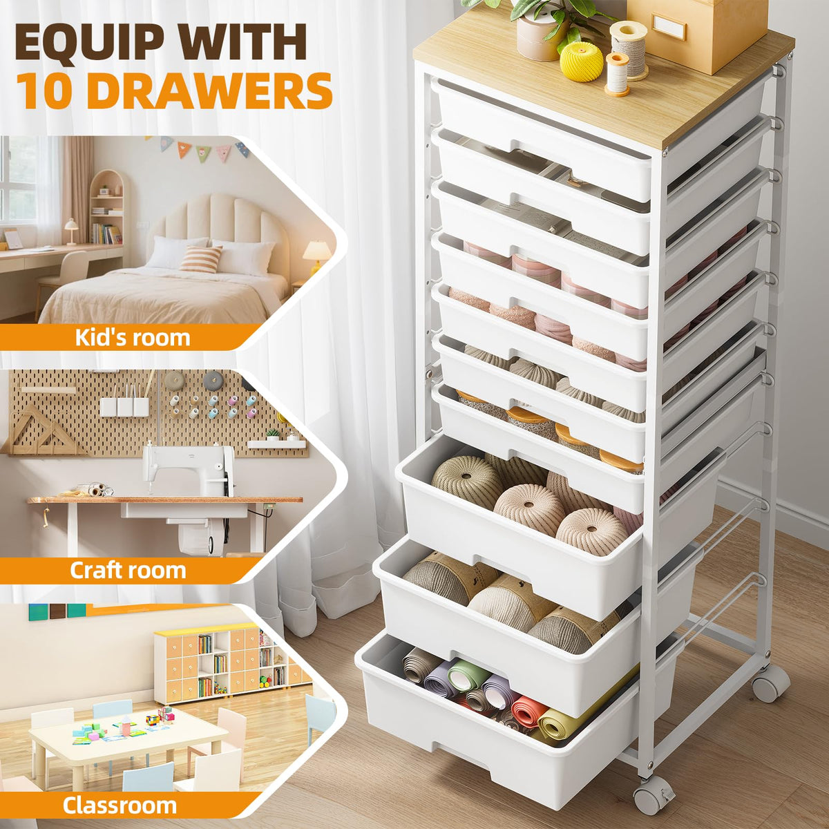 Rolling Storage Cart with 10 Drawers, White X827