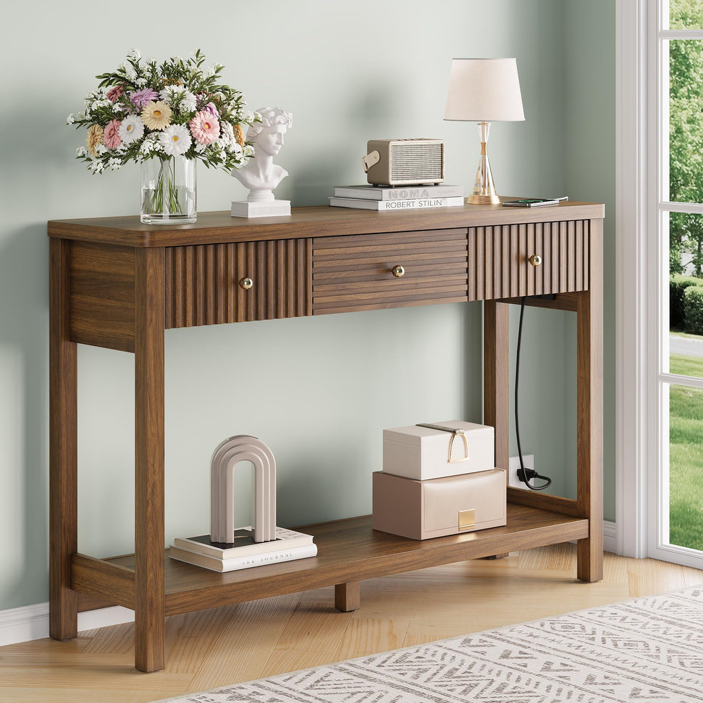 47'' Fluted Console Table with Charging Station & 3 Drawers C3038
