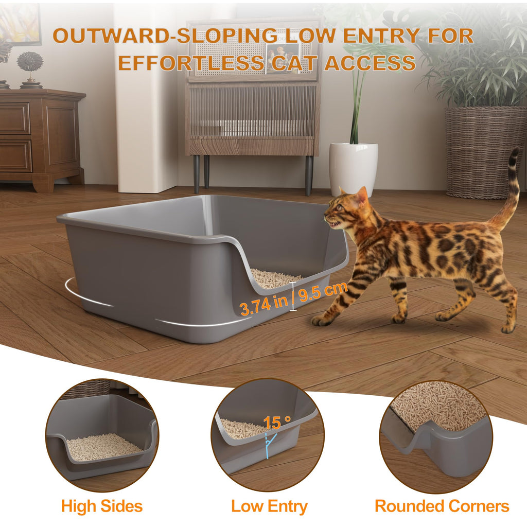 Open-Top High Sides Cat Litter Box with Low Entrance Y6162