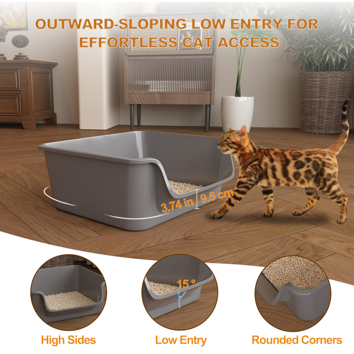 Open-Top High Sides Cat Litter Box with Low Entrance Y6162
