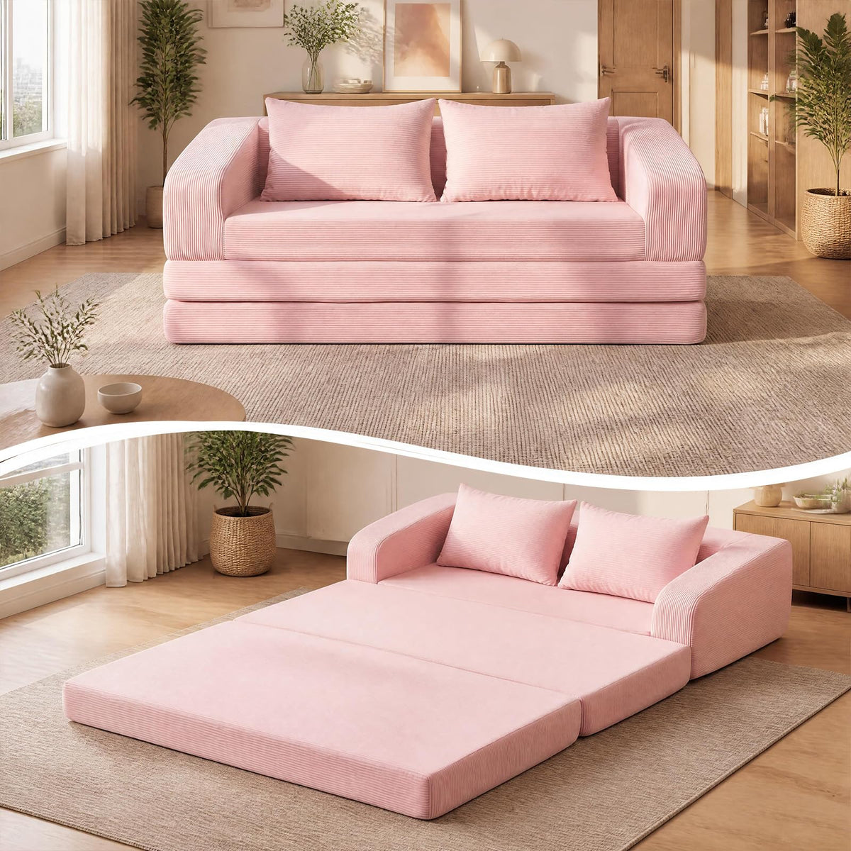 61" Pink Convertible Futon Sofa Bed Q6068