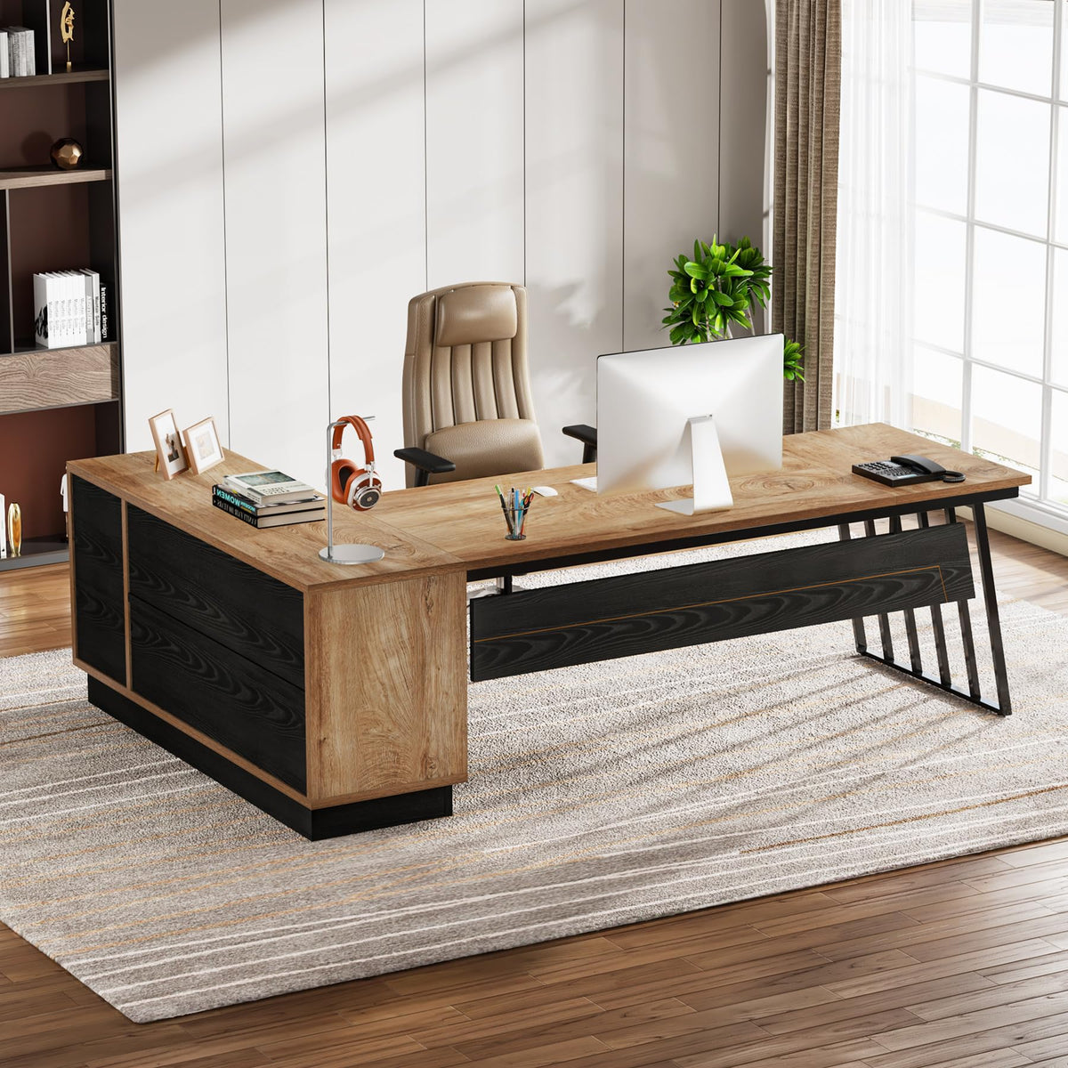 71-Inch L-Shaped Executive Desk with Cabinet R8112