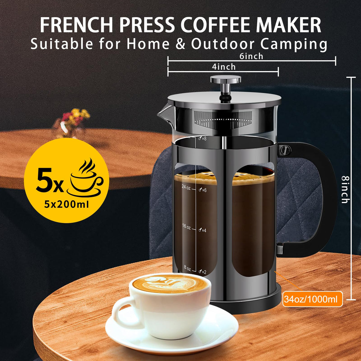 French Press Coffee Maker 34oz with 4 Filters Borosilicate Glass Y6003