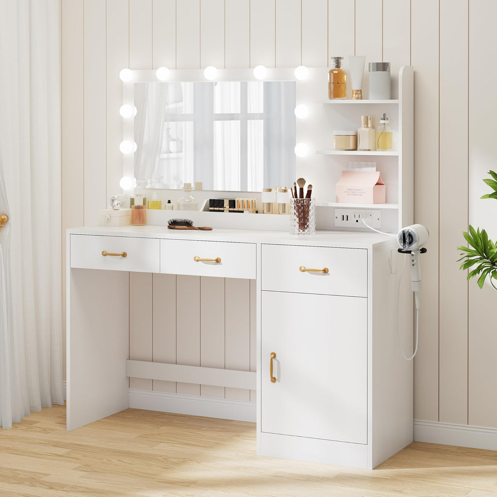 White Vanity Desk with Mirror and Lights B18746