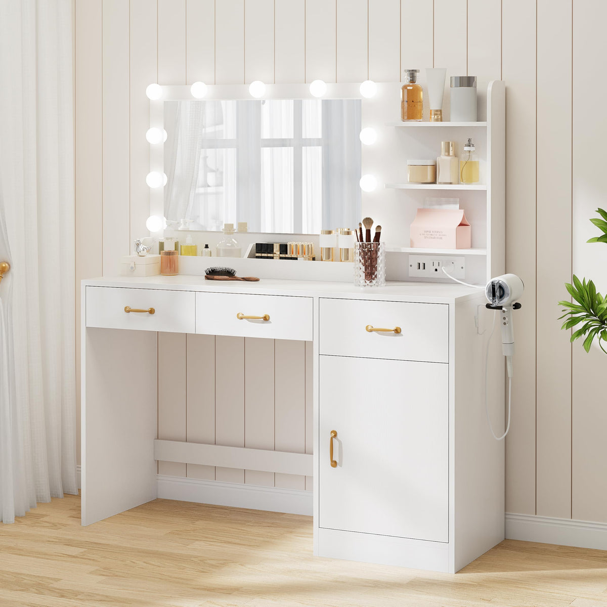 White Vanity Desk with Mirror and Lights B18746