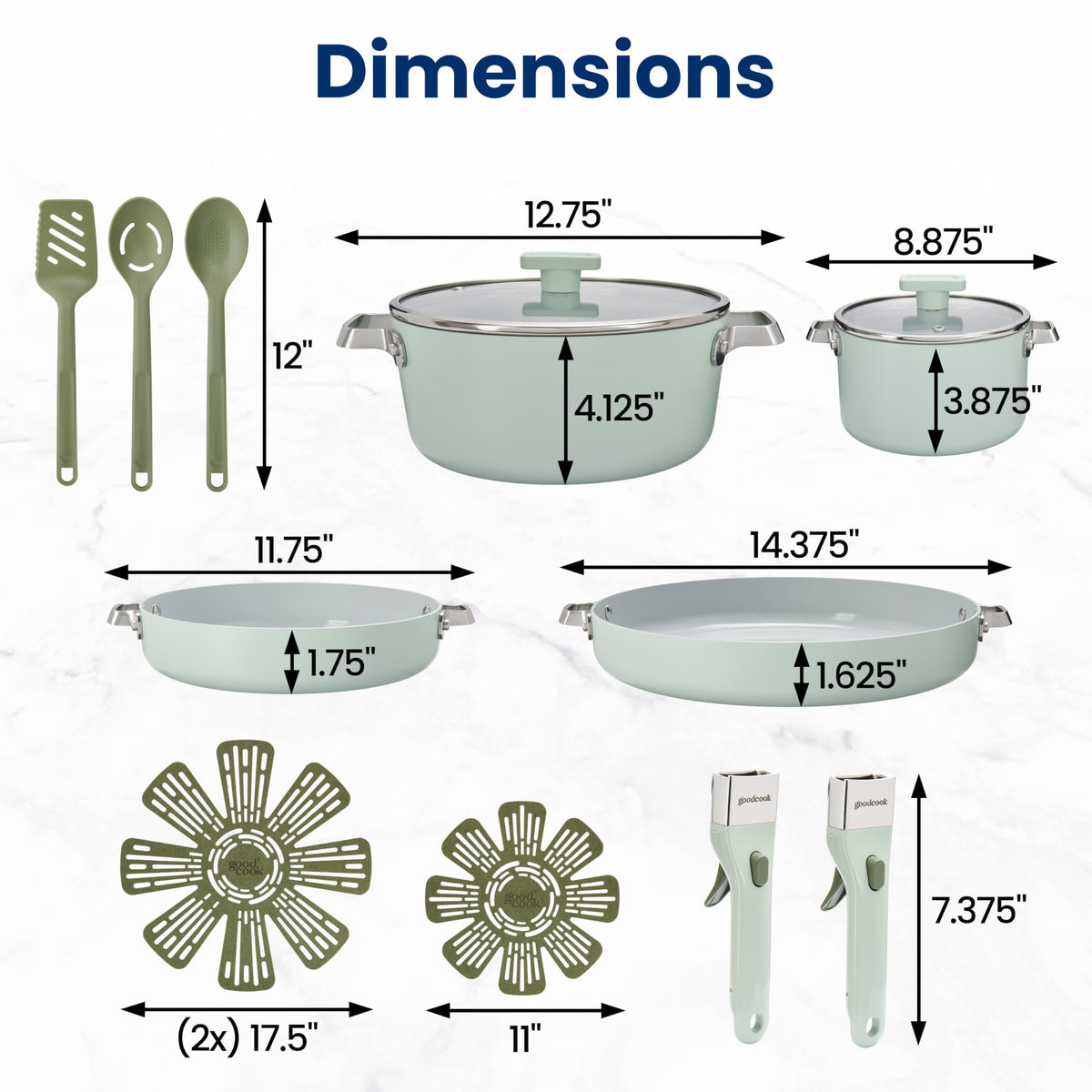14-Piece Ceramic Cookware Set with Removable Handles, Sage Green F1545