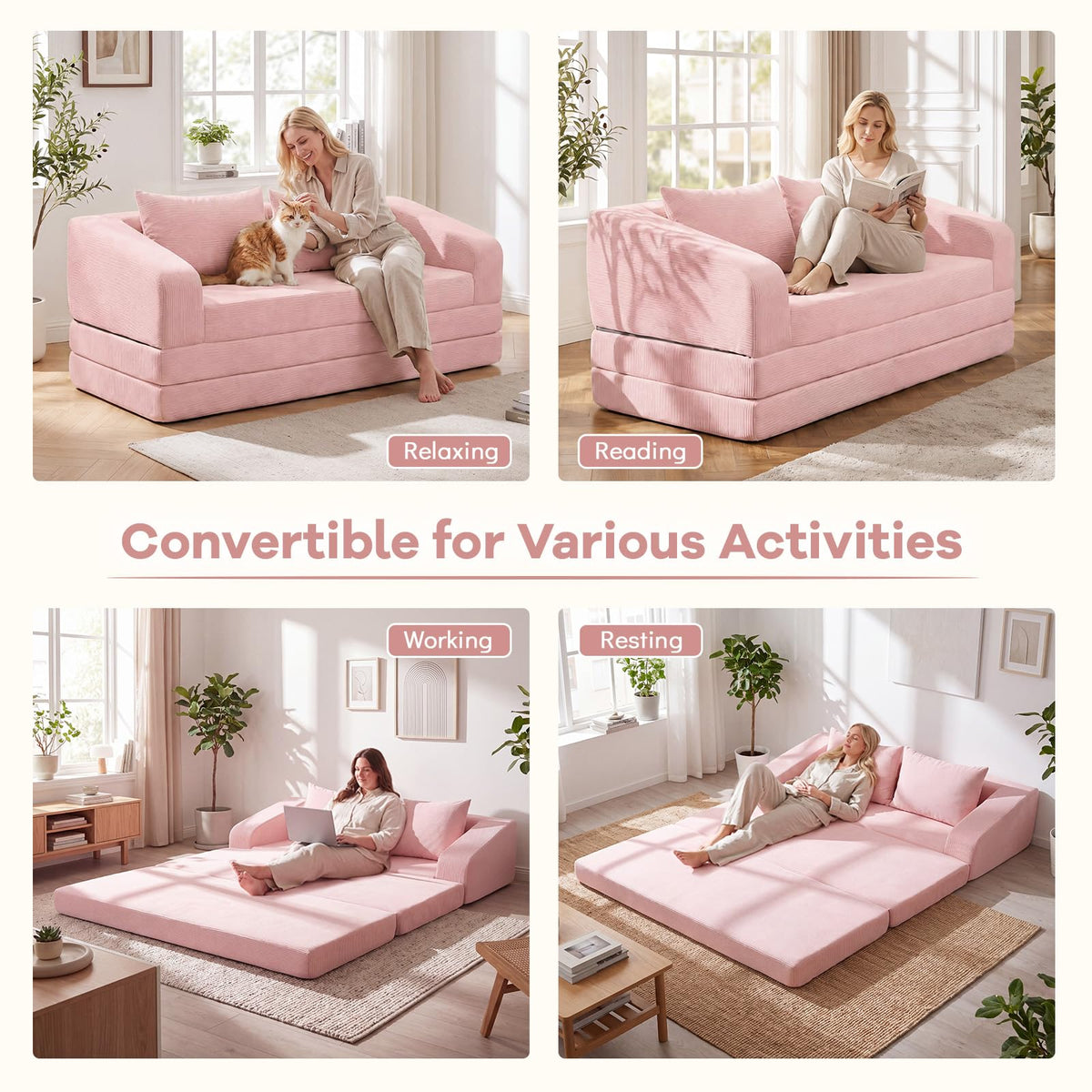 61" Pink Convertible Futon Sofa Bed Q6068