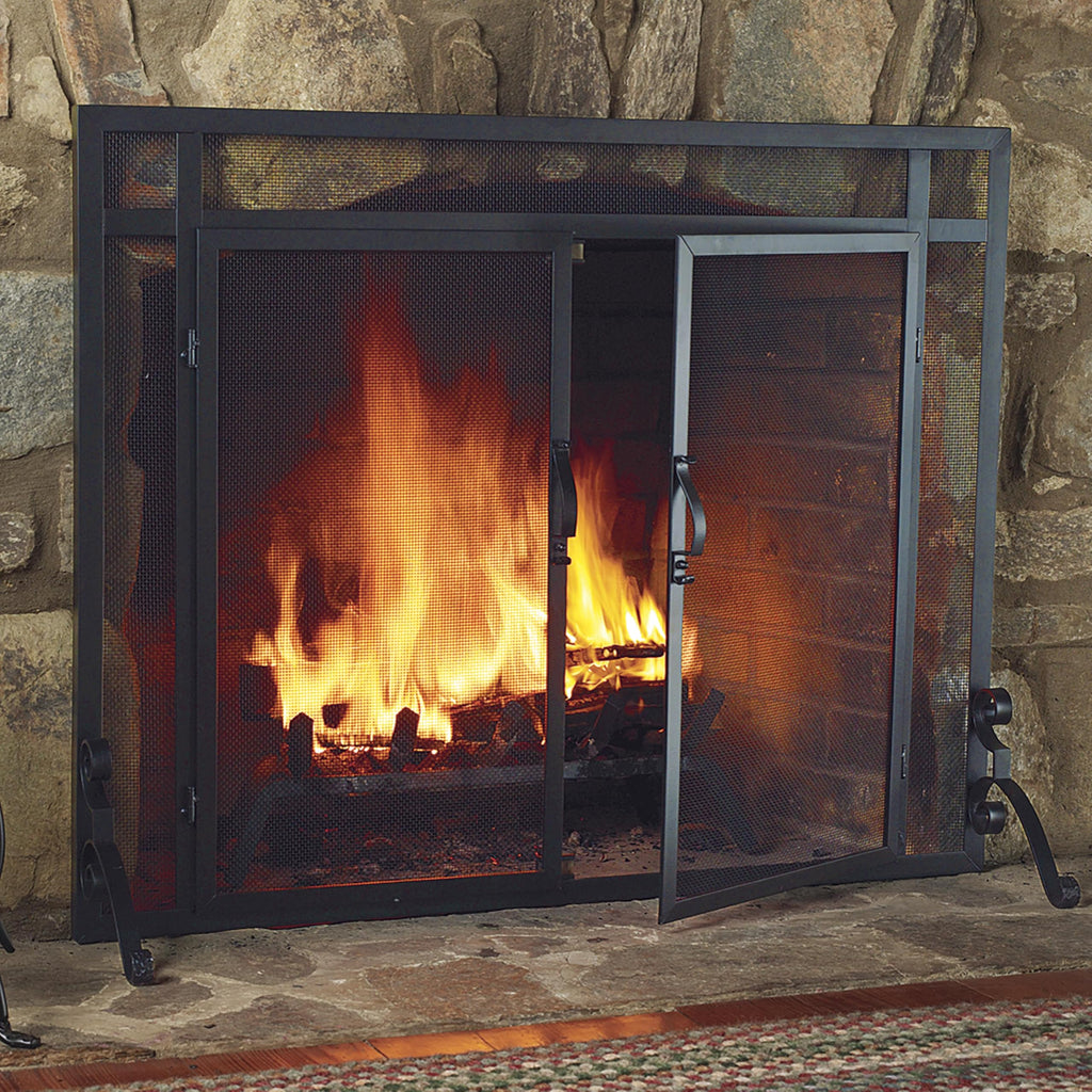 Black Metal Fireplace Screen with Hinged Doors X4731