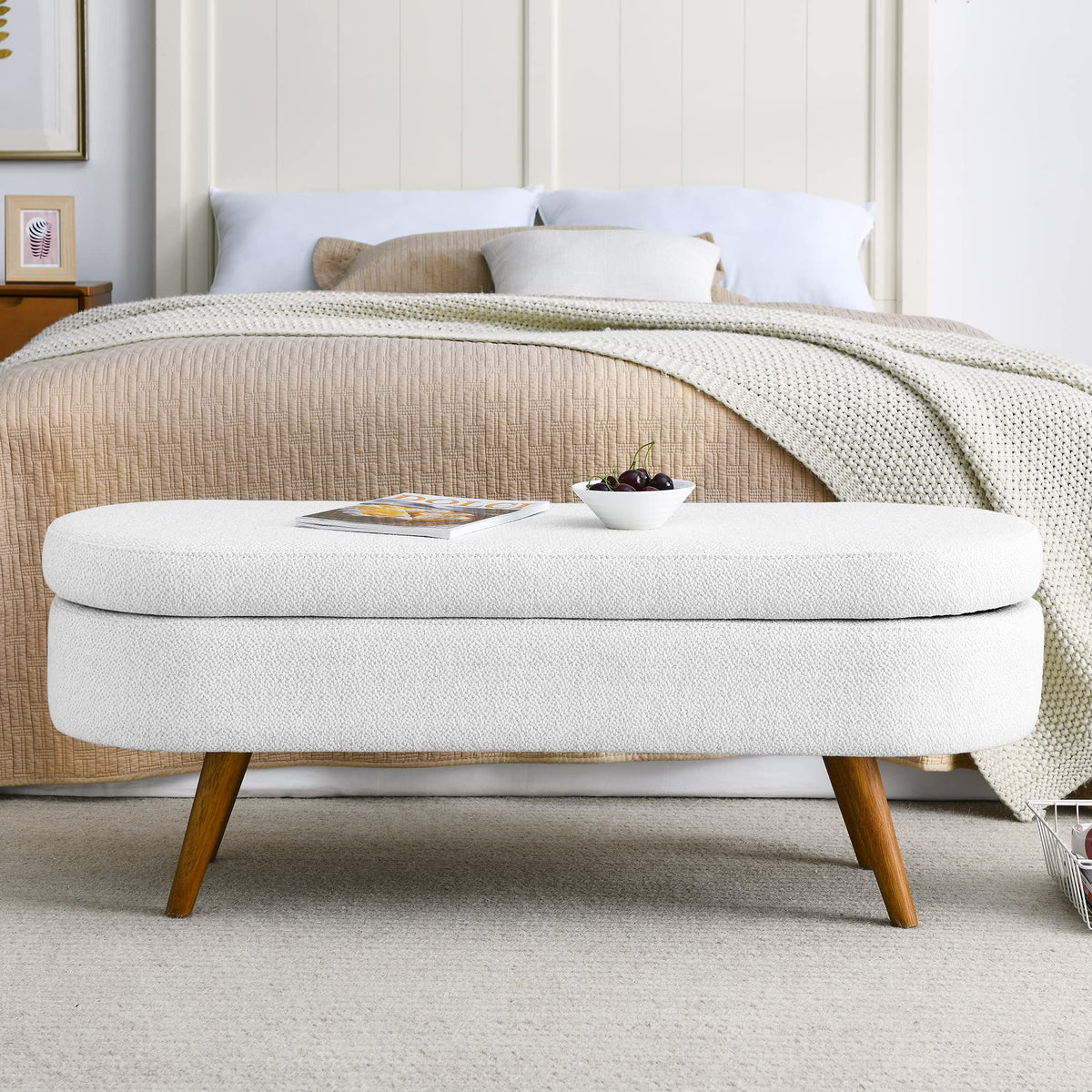 White Storage Bench with Rubber Wood Legs A7117