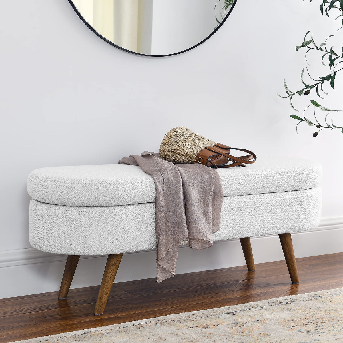 White Storage Bench with Rubber Wood Legs A7117