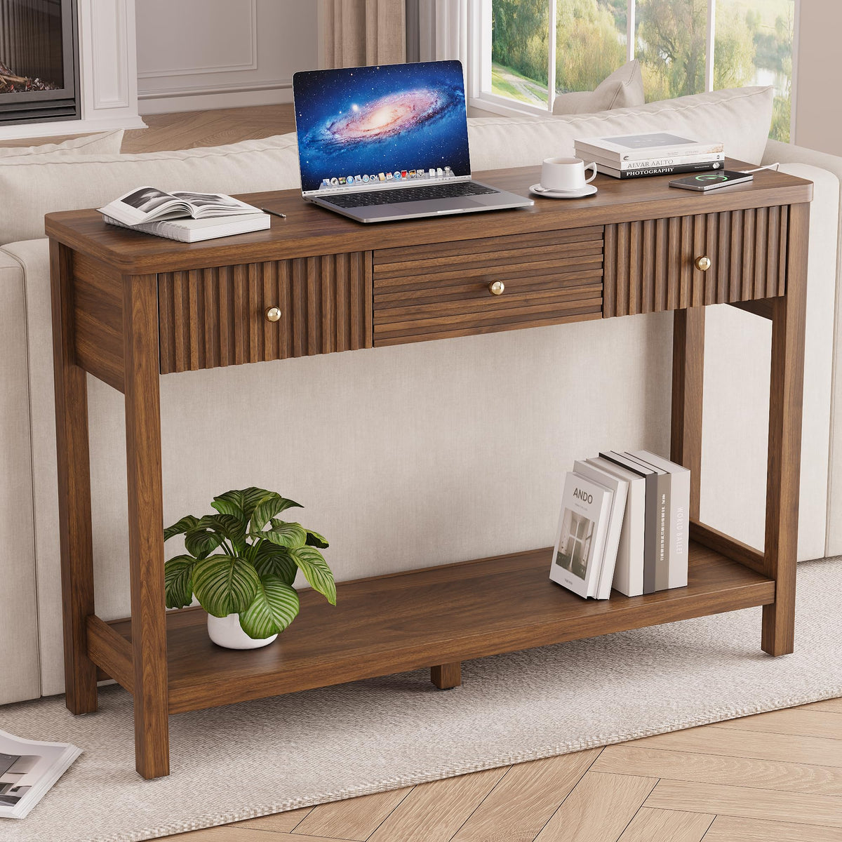 47'' Fluted Console Table with Charging Station & 3 Drawers C3038