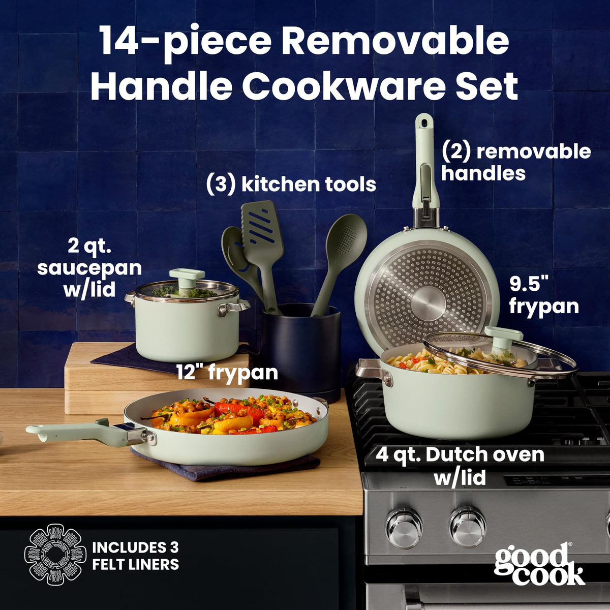 14-Piece Ceramic Cookware Set with Removable Handles, Sage Green F1545
