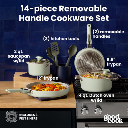 14-Piece Ceramic Cookware Set with Removable Handles, Sage Green F1545
