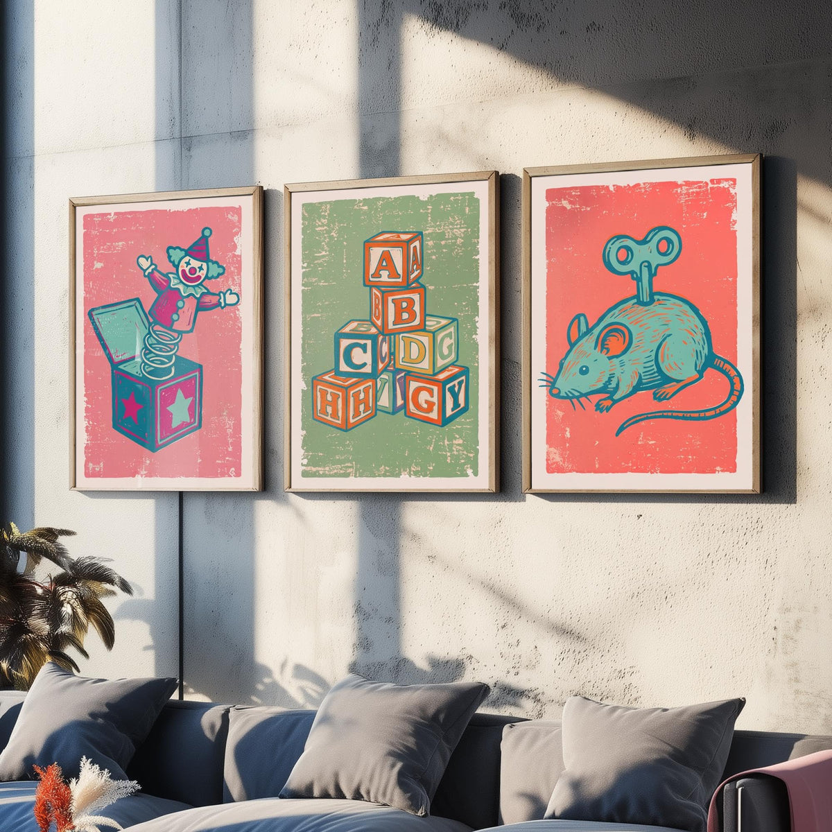 Art Prints Set of 3 Retro Linocut Style P3703