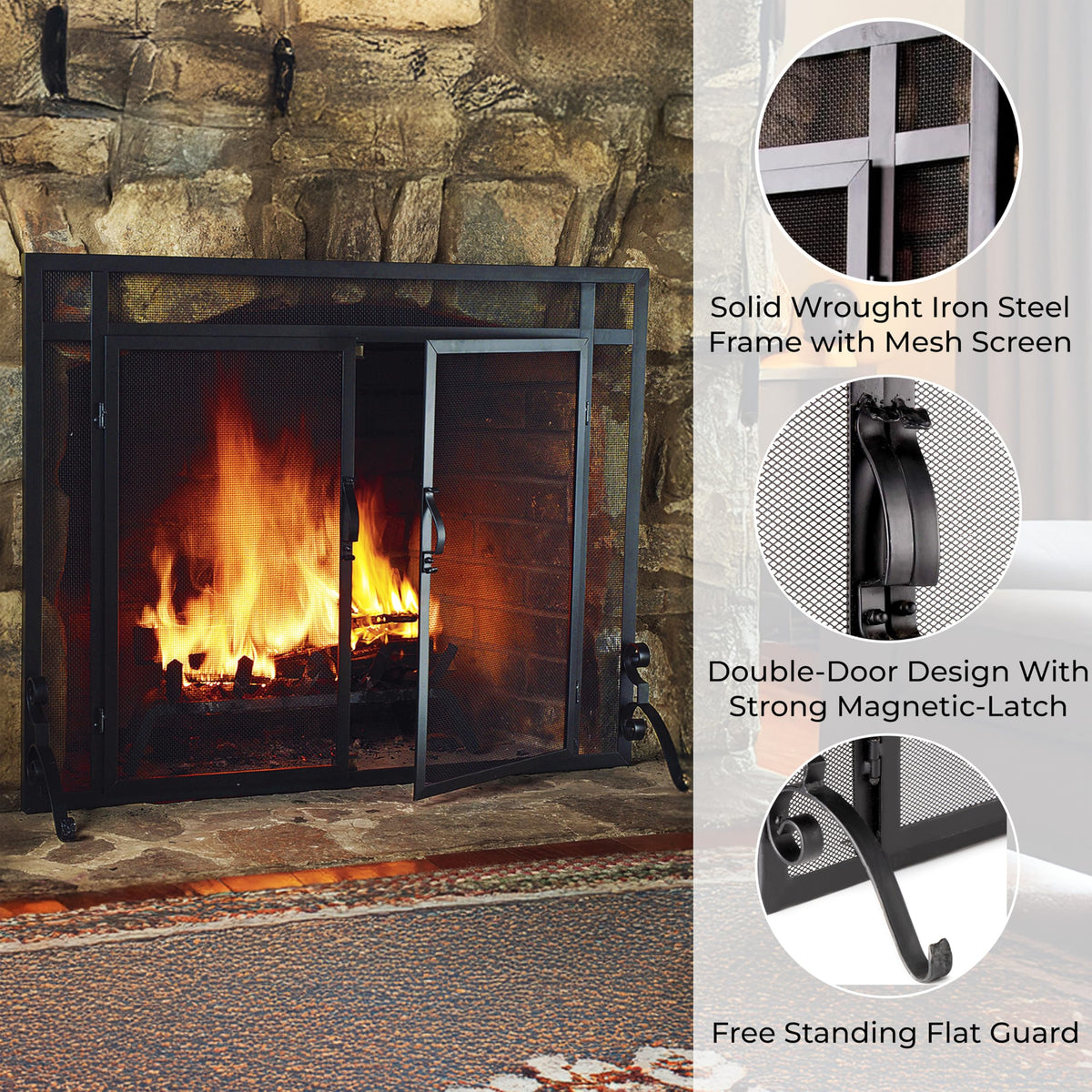 Black Metal Fireplace Screen with Hinged Doors X4731