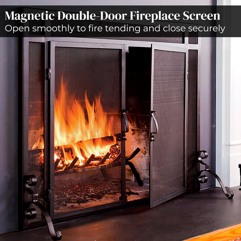 Black Metal Fireplace Screen with Hinged Doors X4731