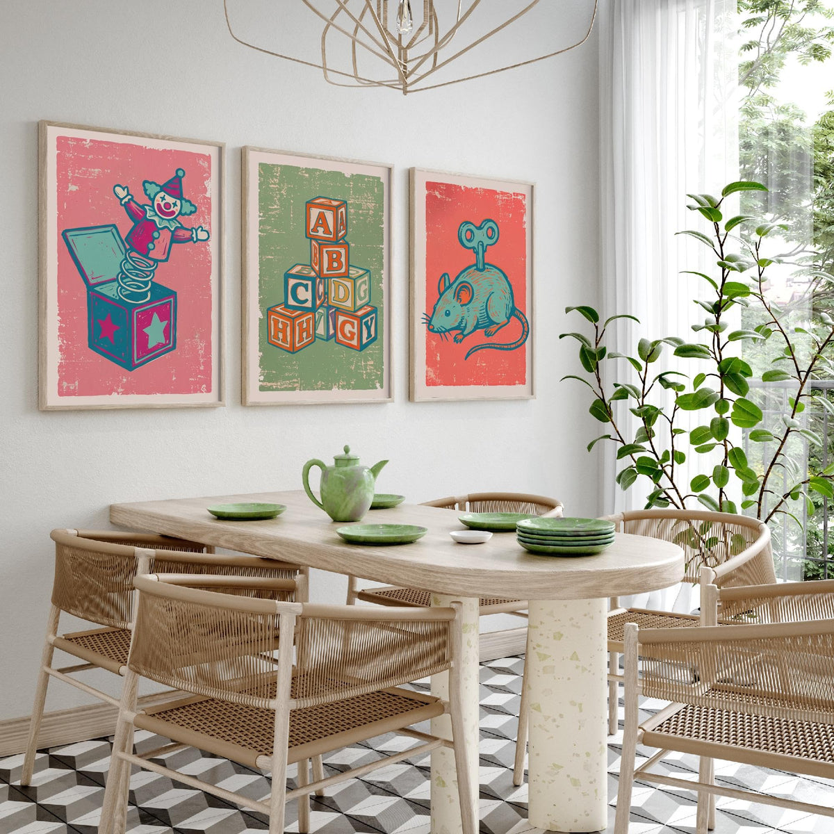 Art Prints Set of 3 Retro Linocut Style P3703