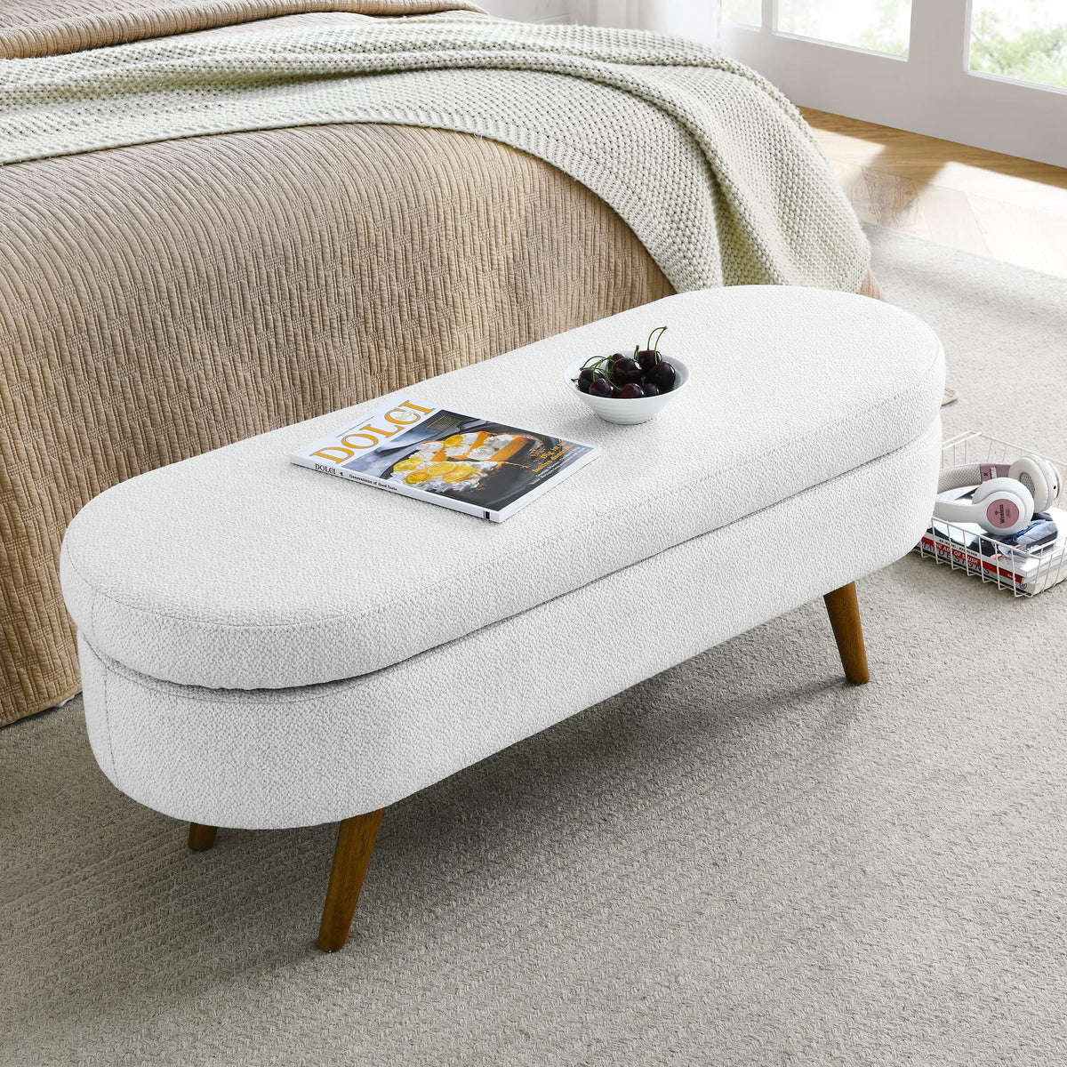 White Storage Bench with Rubber Wood Legs A7117