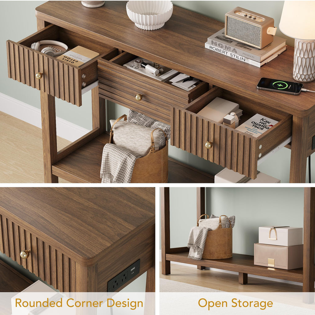 47'' Fluted Console Table with Charging Station & 3 Drawers C3038