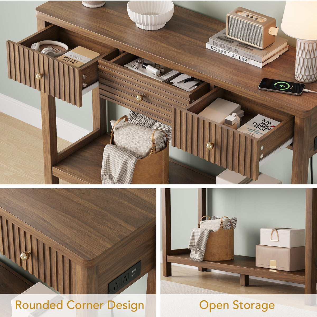 47'' Fluted Console Table with Charging Station & 3 Drawers C3038