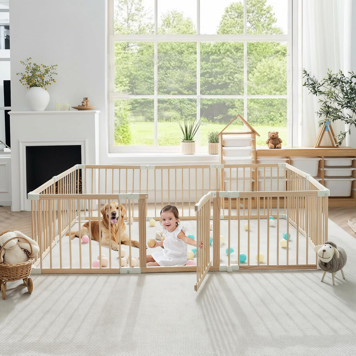 Foldable Wooden Baby Playpen with Gate Y58553
